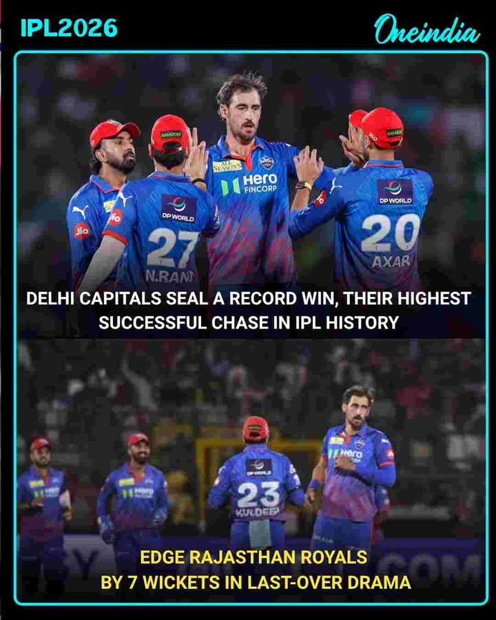 Delhi Capitals chased down a massive 226 to defeat Rajasthan Royals by 7 wickets in a thrilling IPL 2026 encounter. KL Rahul led the charge with a composed 75, anchoring the innings after RR posted a formidable 225/6, making it one of the most exciting high-scoring matches of the season.