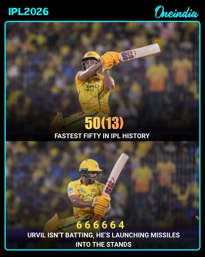 Urvil Patel produced a historic batting blitz, hammering the fastest fifty in IPL history in just 13 balls. It wasn’t batting — it was pure destruction, as he launched massive sixes into the stands with fearless intent. The unbelievable sequence of 6, 6, 6, 6, 6, 4 left fans stunned and bowlers completely helpless.