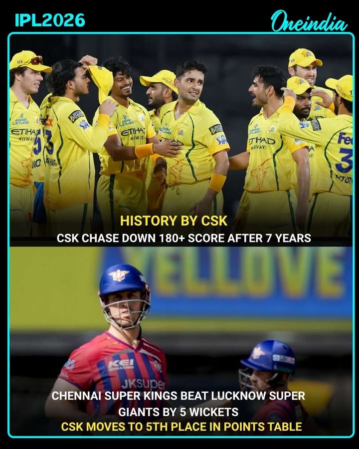 Chennai Super Kings defeated Lucknow Super Giants by 5 wickets in a thrilling IPL 2026 clash. With the victory, CSK moved to 5th place in the points table and created history by successfully chasing a 180+ target for the first time in seven years, ending a long streak of struggles in high-scoring run chases.