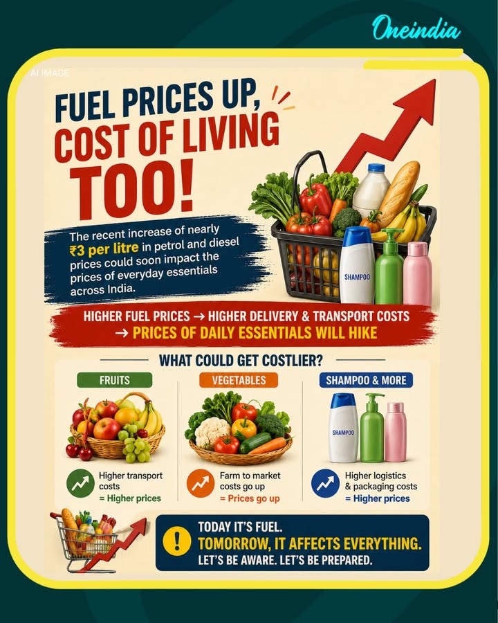 The recent increase of nearly ₹3 per litre in petrol and diesel prices could soon impact the prices of everyday essentials across India. Higher fuel costs usually raise transportation and logistics expenses, which may lead to costlier fruits, vegetables, edible oils, shampoo, soaps, packaged foods, and other household products. Experts and FMCG companies warn that continued crude oil volatility may further burden family budgets and monthly grocery bills in the coming weeks.