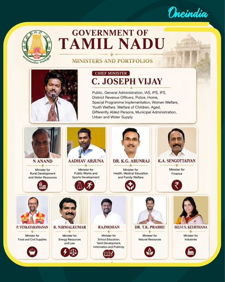 C. Joseph Vijay Allocates Key Portfolios In New Tamil Nadu Cabinet