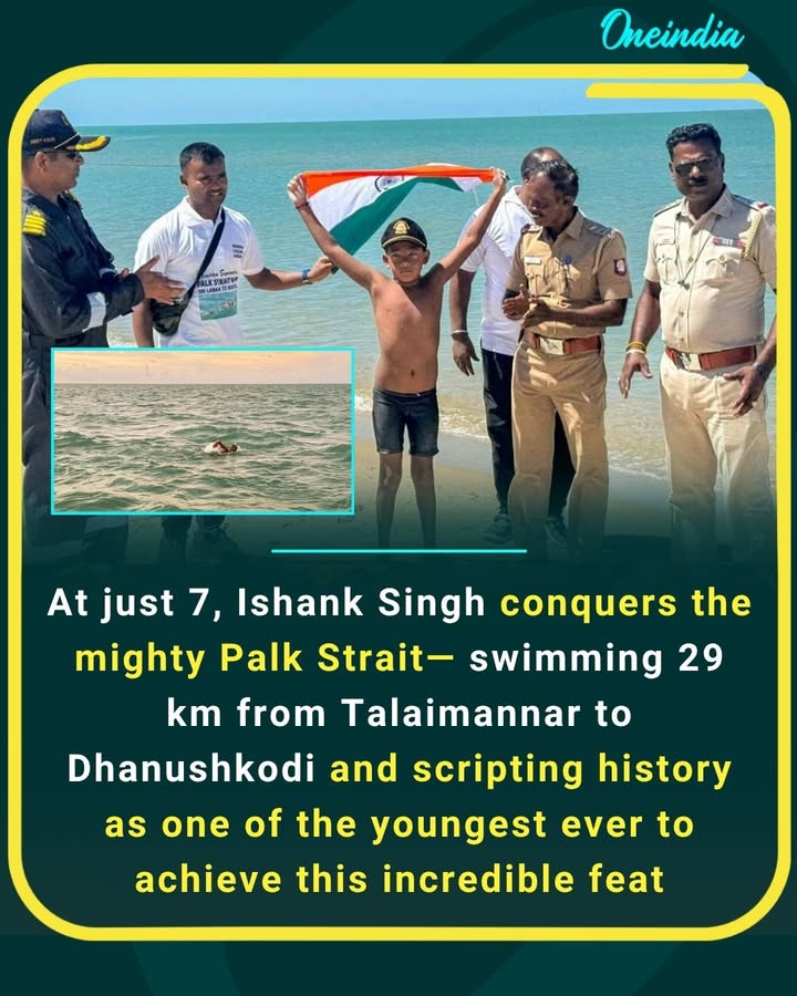 Seven-year-old Ishank Singh made history by completing a 29 km swim across the Palk Strait, from Talaimannar to Dhanushkodi, becoming one of the youngest to achieve this milestone