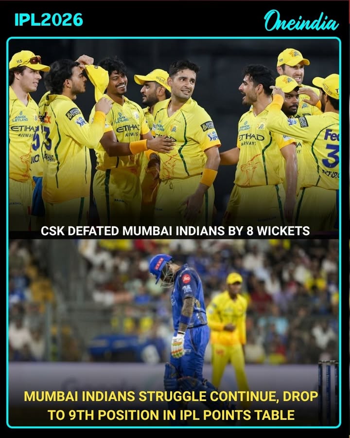 Chennai Super Kings registered a commanding 8-wicket victory over Mumbai Indians in a one-sided IPL clash. The loss sees Mumbai slump to 9th position in the points table, while CSK strengthened their campaign with a dominant all-round performance.