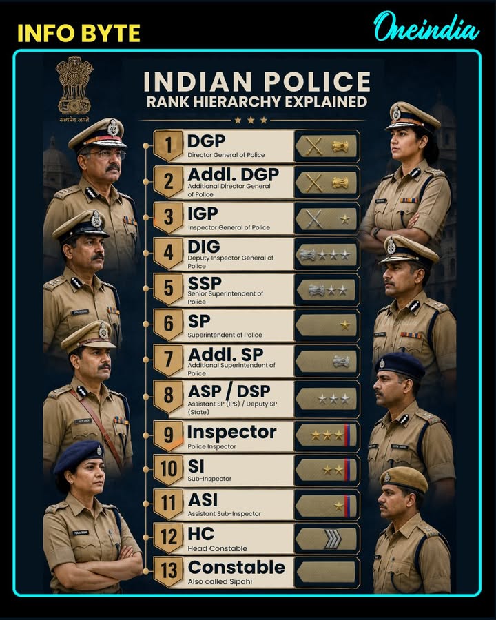 From Constable to DGP — here’s a complete breakdown of the Indian Police rank structure and insignias. 
Understanding the hierarchy helps decode how law enforcement functions across the country.