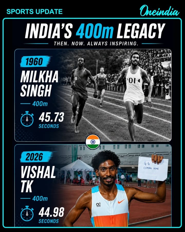 After 66 years, a historic moment has been recorded in Indian athletics. In 1960, legendary sprinter Milkha Singh set a new record by completing the 400m race in 45.73 seconds. Now, in 2026, Vishal TK has surpassed that record by clocking 44.98 seconds in the Federation Cup.