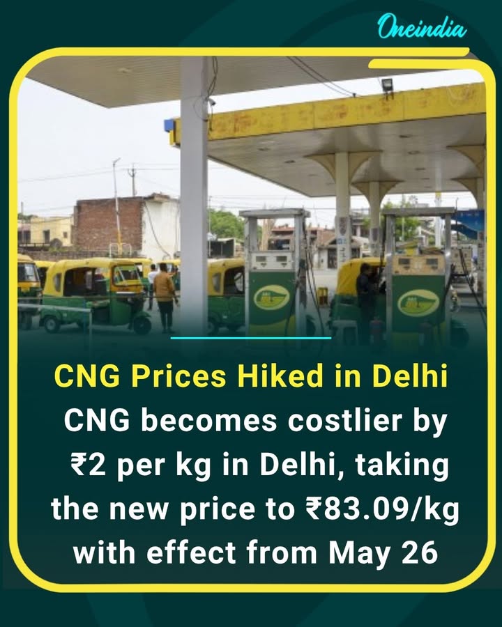 CNG prices increase by Rs 2 per kg, to Rs 83.09 per kg in Delhi, with effect from today, 26th May