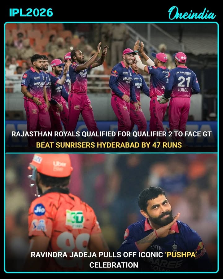 Rajasthan Royals booked their place in Qualifier 2 of IPL 2026 with a commanding 47-run victory over Sunrisers Hyderabad, who finished on 196. Amid the celebrations, Ravindra Jadeja grabbed attention with his iconic ‘Pushpa’ celebration, adding extra flair to RR’s memorable playoff triumph.