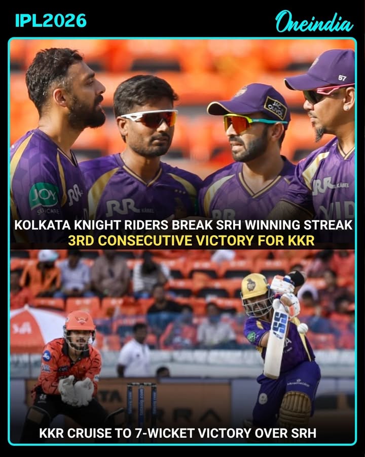 Kolkata Knight Riders produced a commanding performance to defeat Sunrisers Hyderabad by 7 wickets, ending SRH’s winning streak.