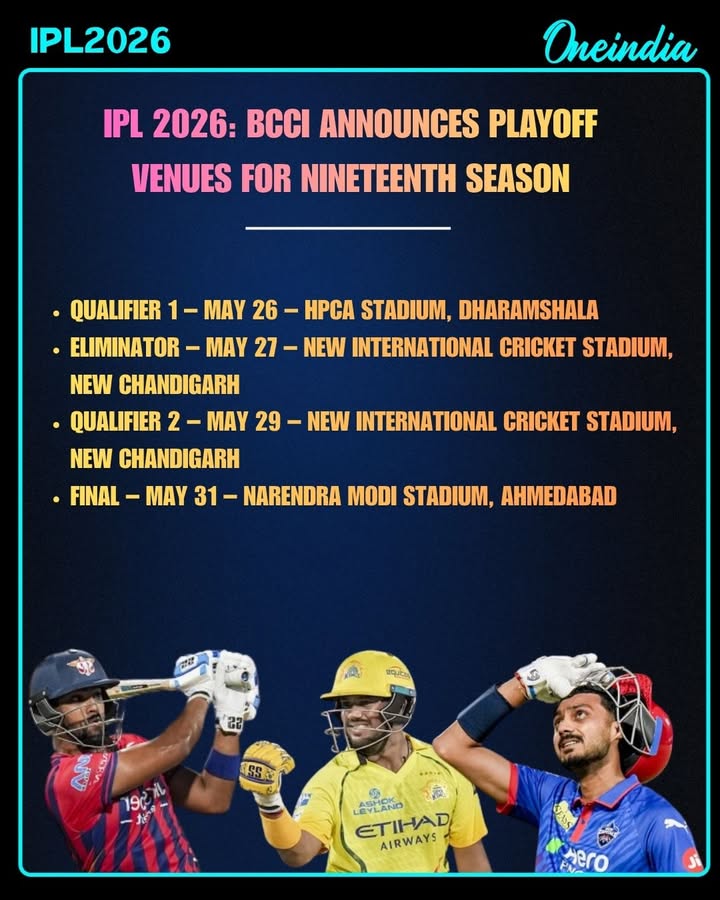 The BCCI has officially announced the venues for the IPL 2026 playoffs, ensuring top-tier infrastructure and crowd capacity for the high-stakes matches. With multiple cities hosting the Qualifier and Eliminator, the board aims to deliver a seamless experience for players and fans, while the final venue has been planned separately to meet the scale of the grand showdown.