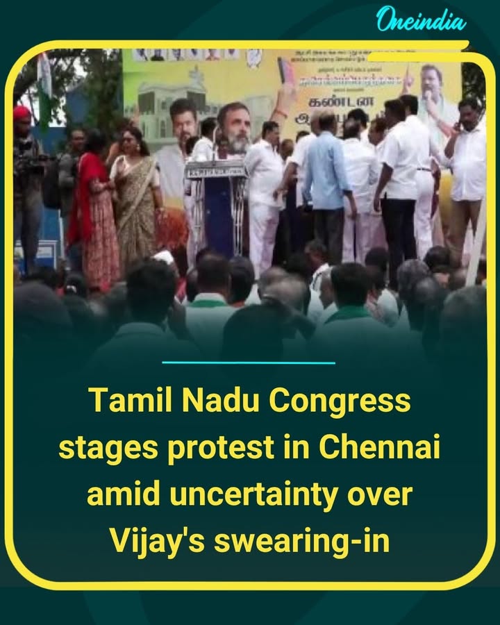 Tamil Nadu Congress workers staged a protest in Chennai, accusing the Governor and BJP-led Centre of delaying Vijay’s swearing-in amid the ongoing government formation uncertainty in the state