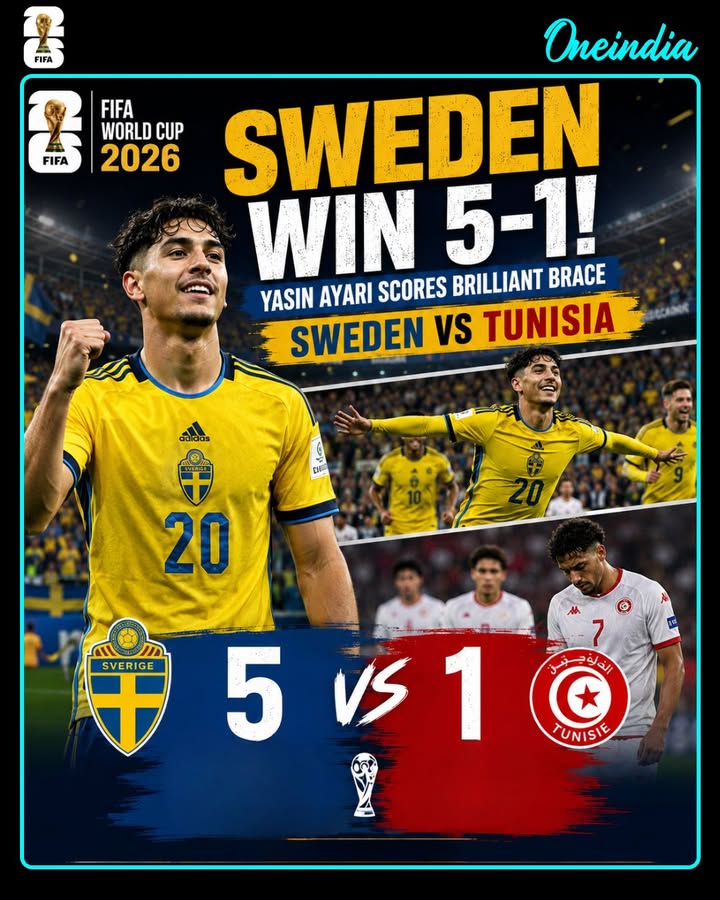Sweden announced themselves as serious contenders at the FIFA World Cup 2026 with a commanding 5-1 victory over Tunisia. Yasin Ayari stole the spotlight with a brilliant brace, inspiring a ruthless attacking display that overwhelmed the Tunisian defense. The emphatic win gives Sweden a major boost in Group F and sends a strong message to their rivals.