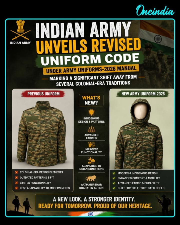 The Indian Army has unveiled a revised uniform code under the Army Uniforms-2026 manual, marking a significant shift away from several colonial-era traditions. The updated guidelines introduce bandi jackets for formal occasions while removing ceremonial pouch belts and mandatory parade swords in select categories. The reforms aim to balance military tradition with a more modern and indigenous identity, reflecting a broader effort to redefine ceremonial presentation within the armed forces.