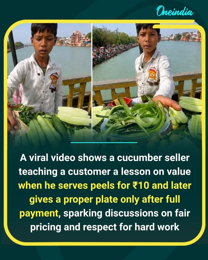 A viral street video shows a man giving ₹10 to a cucumber seller and asking for a plate of cucumber, but the boy cleverly starts peeling the cucumber and serves only the peels with salt and lemon, surprising the customer who expected a proper serving, and when questioned, the boy explains that a full plate of cucumber costs ₹50 and it is not possible to demand complete value for a small amount of money, leading to an argument between them, after which the customer eventually pays the full price and receives a properly prepared plate, and the video has sparked mixed reactions online where many people appreciate the boy’s smart thinking and business sense while others see it as a strong reminder that every product and every bit of hard work has a fair value and should be respected.