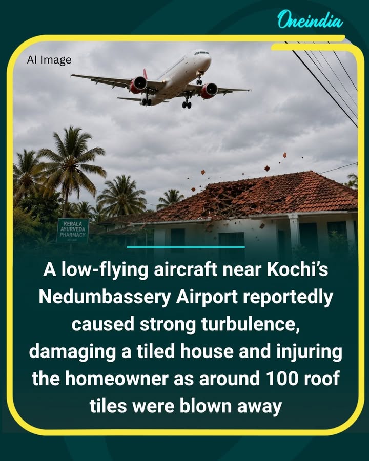 A low-flying aircraft near Kochi’s Nedumbassery Airport caused strong winds that damaged a house roof, sent tiles flying, and injured the homeowner.