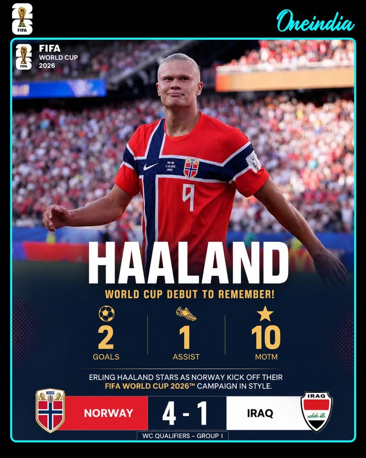 Norway kicked off their FIFA World Cup 2026 campaign in emphatic fashion with a 4-1 victory over Iraq. Star striker Erling Haaland delivered a sensational World Cup debut, scoring twice and providing an assist to spearhead Norway’s attack. His standout performance helped secure all three points and sent a strong message to the rest of the tournament contenders.