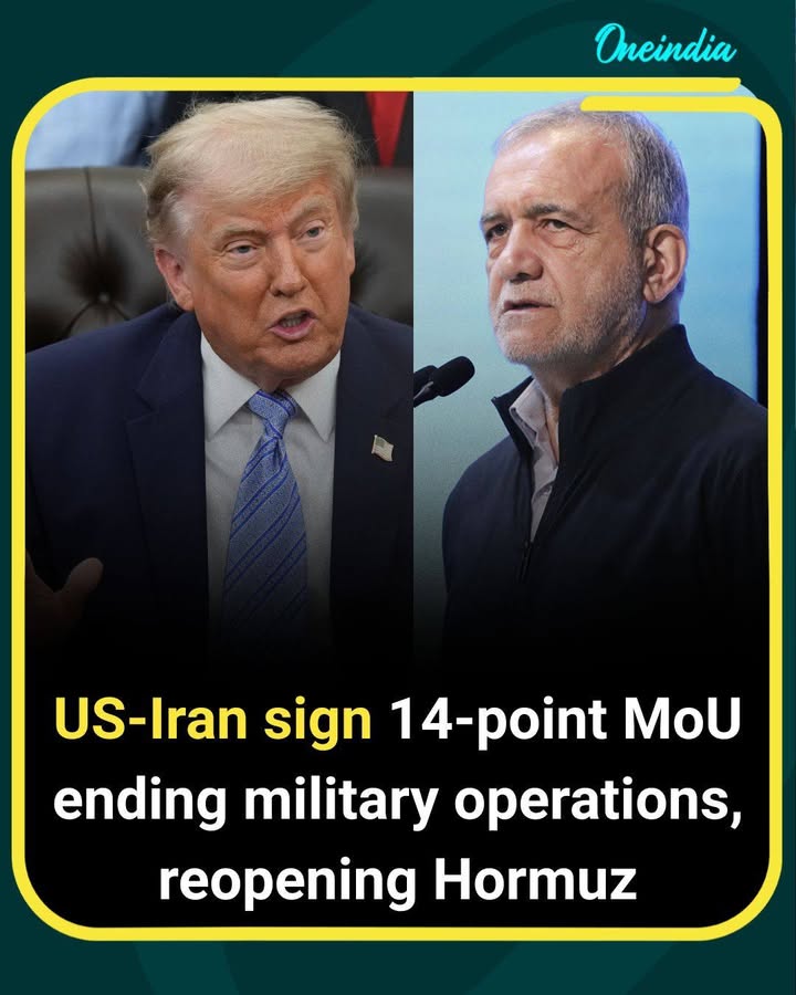 The United States and Iran have formally signed a 14-point Memorandum of Understanding (MoU) aimed at ending military operations, restoring maritime traffic through the Strait of Hormuz, and opening a 60-day window for negotiations on a broader peace agreement. The deal includes provisions related to sanctions relief, oil exports, nuclear oversight, and the gradual removal of the U.S. naval blockade, marking a significant step toward de-escalation in the region.