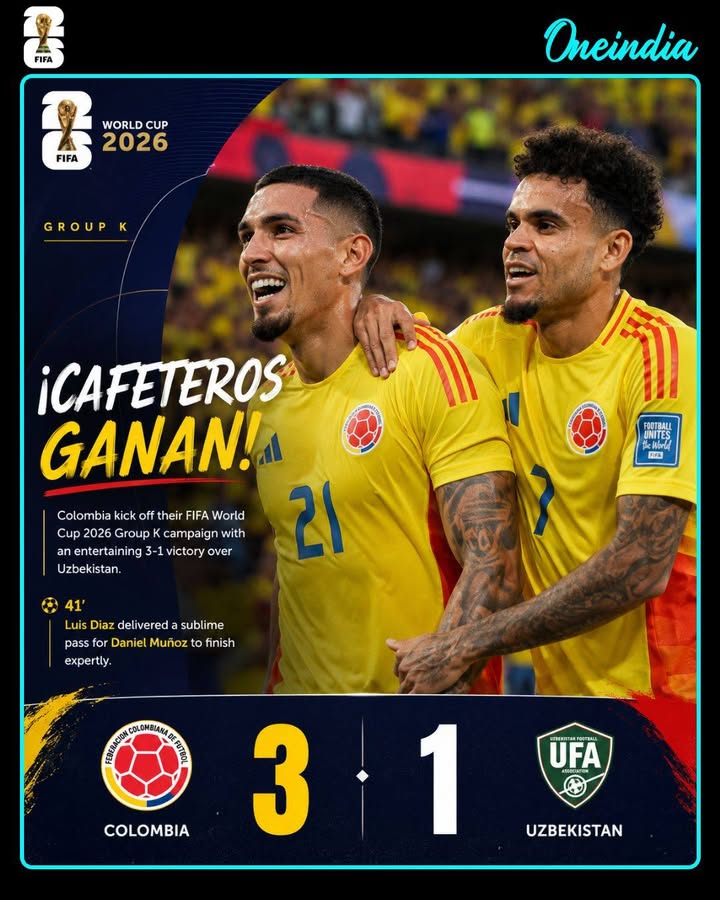 Colombia opened their FIFA World Cup 2026 Group K campaign in style with a 3-1 victory over Uzbekistan. After dominating much of the first half, Los Cafeteros broke the deadlock in the 41st minute when Luis Díaz produced a superb pass for Daniel Muñoz, who finished clinically. The win gives Colombia an early boost in the race for qualification from Group K.