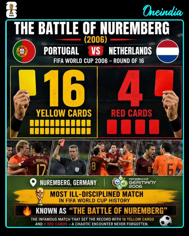 The infamous 'Battle of Nuremberg' remains the most chaotic match in World Cup history, with a record 16 yellow cards and 4 red cards shown by the referee.