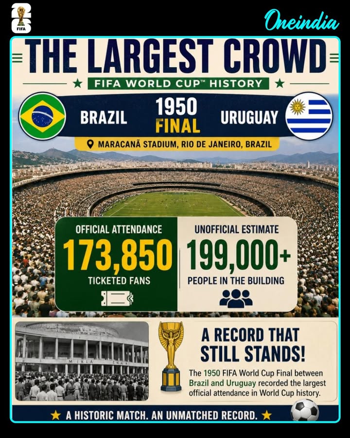 Largest Crowd in FIFA World Cup History
The 1950 FIFA World Cup Final between Brazil and Uruguay, held at the legendary Maracanã Stadium on July 16, 1950, remains the most attended match in FIFA World Cup history. The official attendance was recorded at 173,850 ticketed spectators, while unofficial estimates suggest that more than 199,000 fans packed the stadium.
The match ended in a shocking 2-1 victory for Uruguay, denying host nation Brazil the World Cup title in front of a massive home crowd. This historic upset became known as 'Maracanazo', one of the greatest moments in football history.
More than seven decades later, the attendance record still stands, making it one of the most iconic and unforgettable matches ever played.