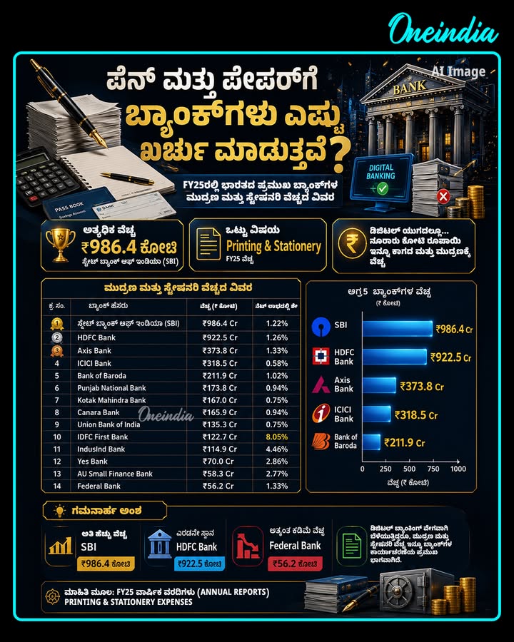 ಪೆನ್ ಮತ್ತು ಪೇಪರ್‌ಗೆ ಬ್ಯಾಂಕ್‌ಗಳು ಎಷ್ಟು ಖರ್ಚು ಮಾಡುತ್ತವೆ? ✍️📄 FY25ರಲ್ಲಿ ಭಾರತದ ಪ್ರಮುಖ ಬ್ಯಾಂಕ್‌ಗಳ ಮುದ್ರಣ ಮತ್ತು ಸ್ಟೇಷನರಿ ವೆಚ್ಚದ ವಿವರ ಇಲ್ಲಿದೆ...