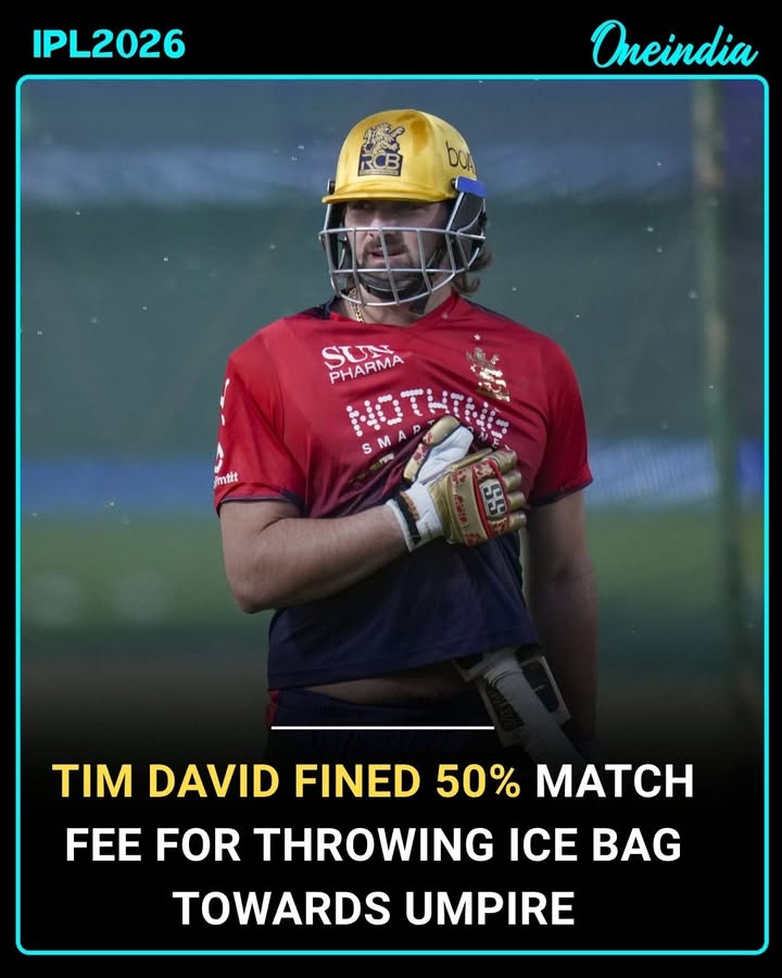 Tim David has been fined 50% of his match fee and handed two demerit points after an incident in which he reportedly threw an ice bag aggressively in the direction of umpire Nitin Menon. The disciplinary action was taken under the code of conduct, adding to the scrutiny surrounding player behavior and on-field discipline.