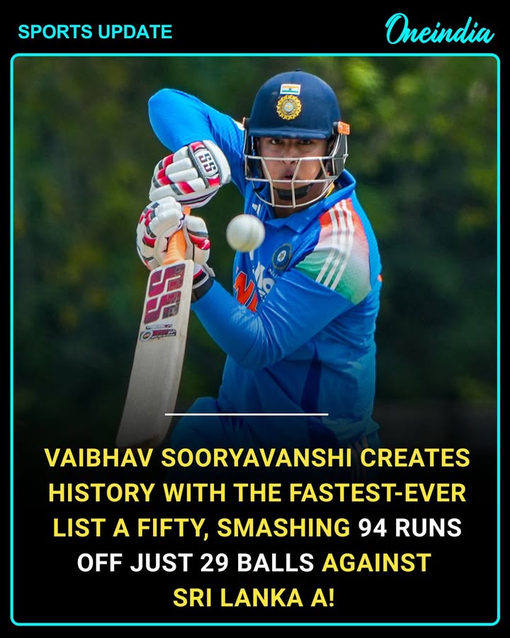 Teenage sensation Vaibhav Sooryavanshi rewrites the record books! The 15-year-old smashed a historic 94 off just 29 balls against Sri Lanka A, including the fastest-ever List A fifty in only 11 balls. A future superstar is shining bright for Indian cricket!
