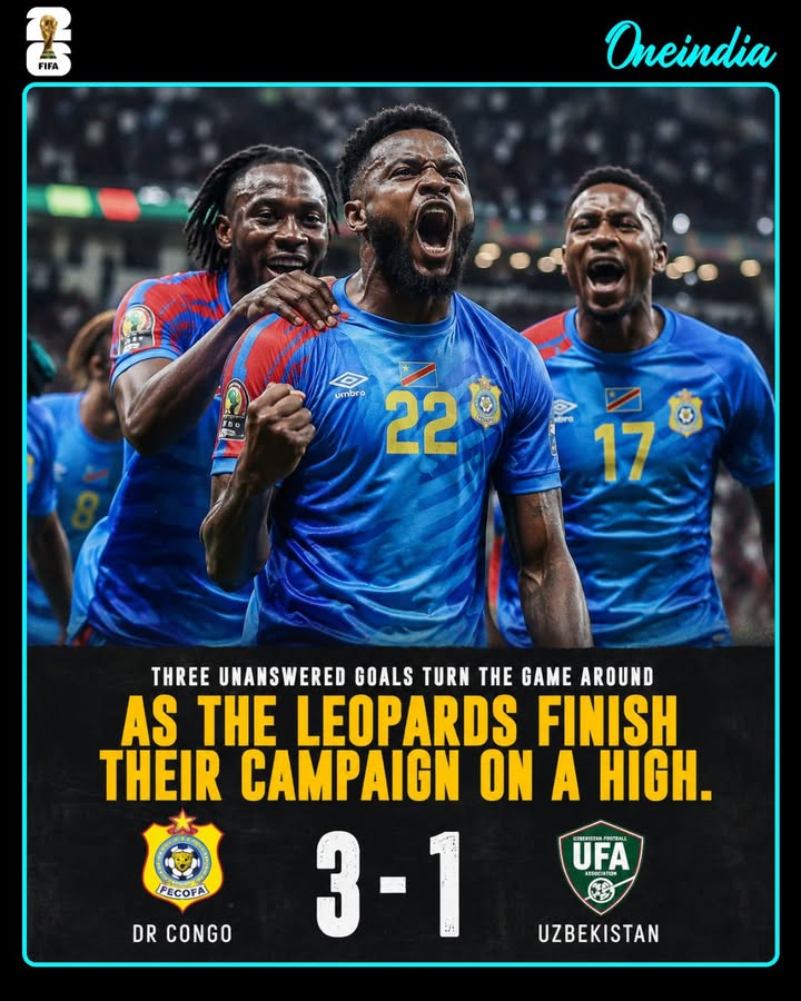 DR Congo came from behind to defeat Uzbekistan 3-1, scoring three unanswered goals in a spirited comeback. The Leopards ended their World Cup campaign on a winning note with an impressive performance.