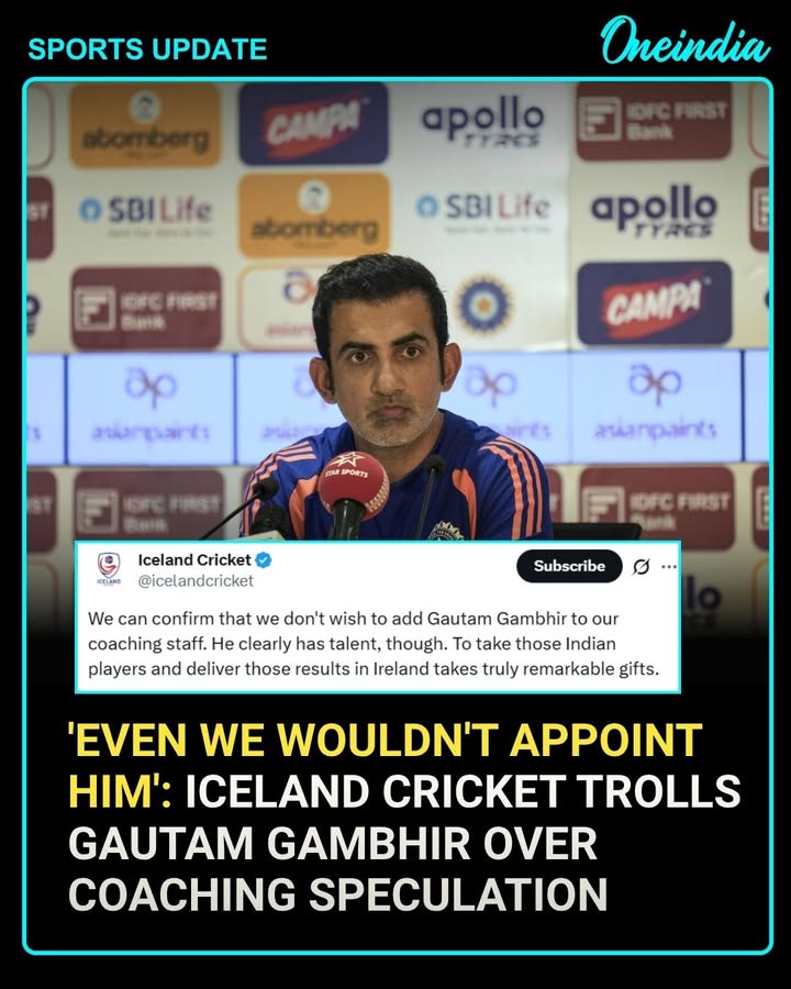 Iceland Cricket took a swipe at Gautam Gambhir on social media, joking that even they would not appoint him as their coach. The sarcastic post quickly went viral, triggering mixed reactions from cricket fans. While some users found the remark humorous, others criticised the post as unnecessary, fueling debate across social media platforms.