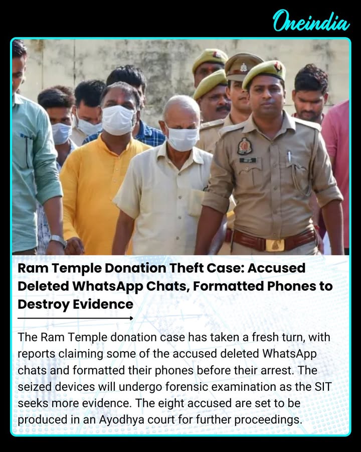 The investigation into the alleged Ram Temple donation embezzlement has taken a new turn after reports claimed that several accused deleted WhatsApp chats and formatted their mobile phones before their arrest in an attempt to destroy digital evidence. The seized devices will undergo forensic examination as the SIT continues its probe. The eight accused are set to be produced before an Ayodhya court, where police are expected to seek custodial remand for further questioning.
