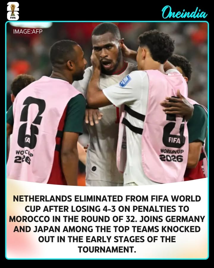 Netherlands have been eliminated from the FIFA World Cup after losing 4-3 on penalties to Morocco in the Round of 32. The Dutch now join Germany and Japan among the top teams knocked out in the early stages of the tournament.
