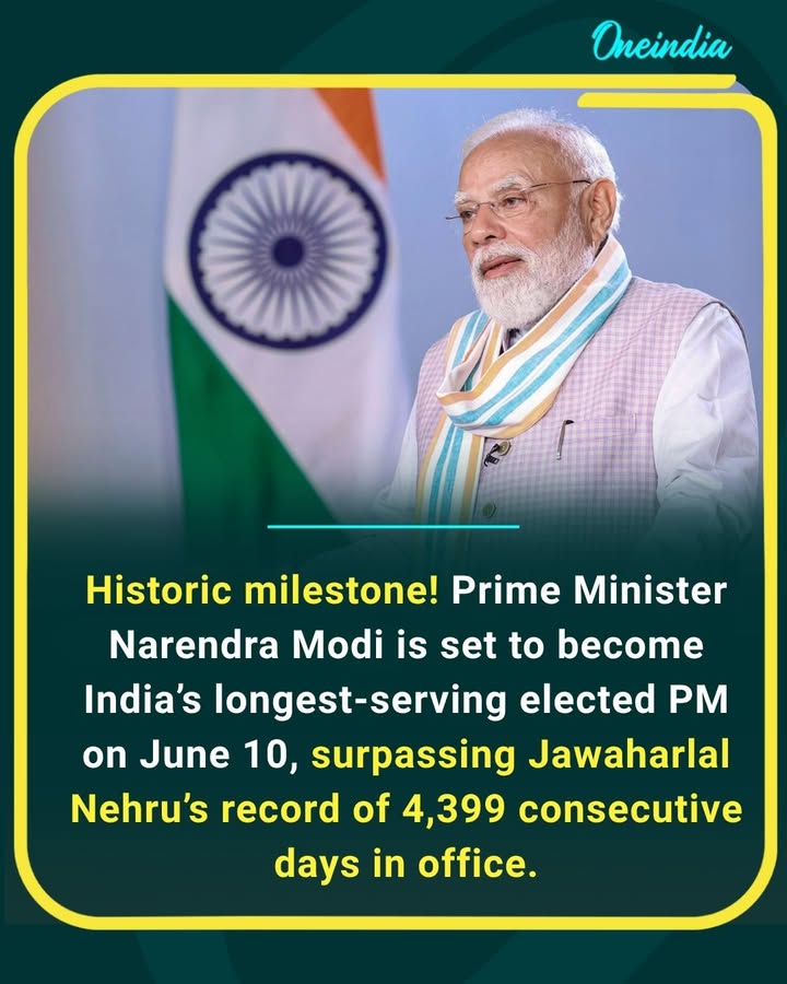 A historic moment in Indian politics! Prime Minister Narendra Modi is set to become India’s longest-serving elected Prime Minister on June 10, surpassing Jawaharlal Nehru’s record of 4,399 consecutive days in office. A milestone that marks a significant chapter in the nation’s democratic journey.