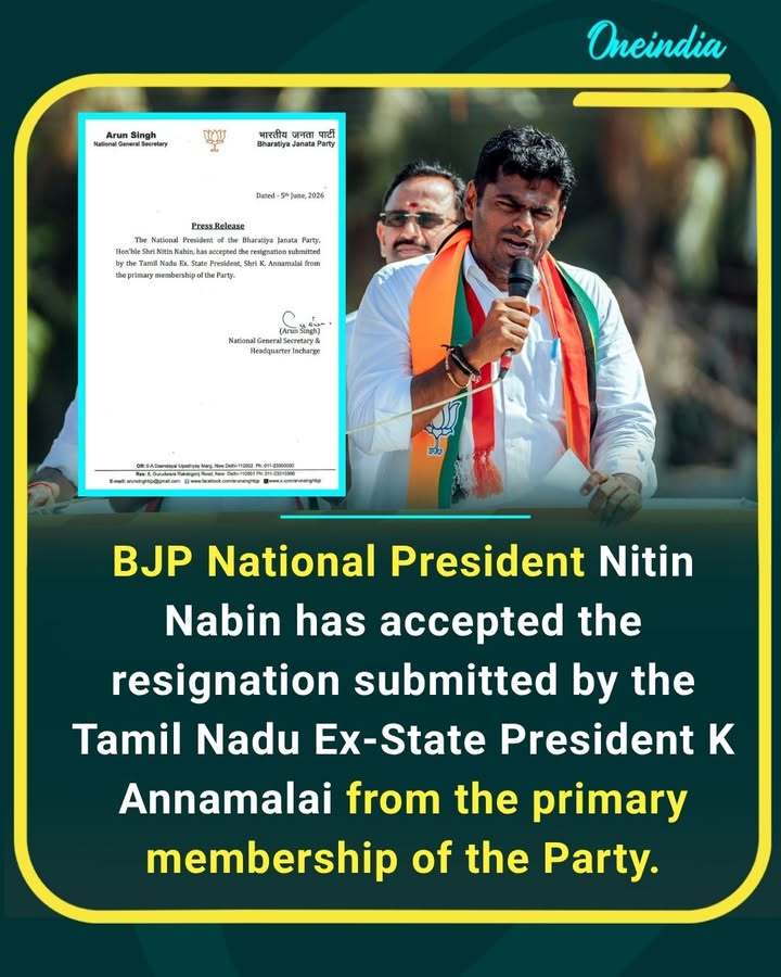BJP accepts K Annamalai’s resignation from the party’s primary membership, marking a significant development in Tamil Nadu politics.