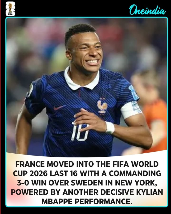France booked their place in the FIFA World Cup 2026 Round of 16 with an impressive 3-0 victory over Sweden in New York. Kylian Mbappe once again inspired Les Bleus with a standout performance as France dominated from start to finish, sealing a comfortable win and strengthening their credentials as one of the tournament favorites.