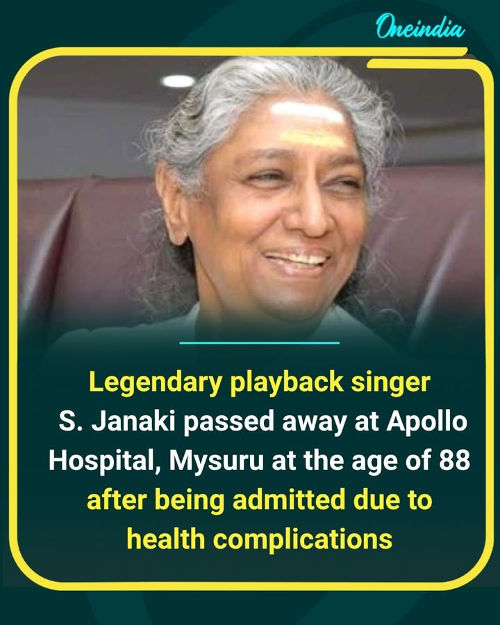 The music world has lost one of its most iconic voices. Legendary playback singer S. Janaki passed away at Apollo Hospital in Mysuru at the age of 88 after battling health complications. Her timeless songs and extraordinary legacy will continue to inspire generations. Rest in peace, Nightingale of South India.