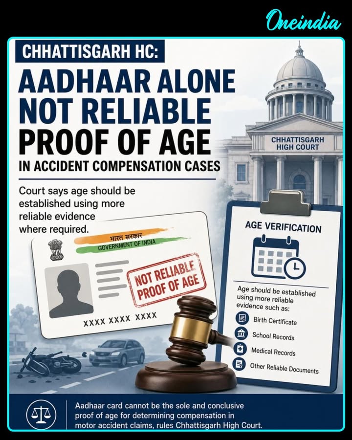 The Chhattisgarh High Court has observed that an Aadhaar card alone cannot be treated as reliable proof of age in motor accident compensation cases, stressing the need for stronger supporting evidence.
