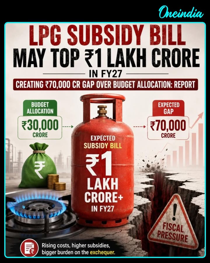 LPG subsidy expenditure could cross ₹1 lakh crore in FY27, leaving an estimated ₹70,000 crore gap over the Budget allocation, according to a report.