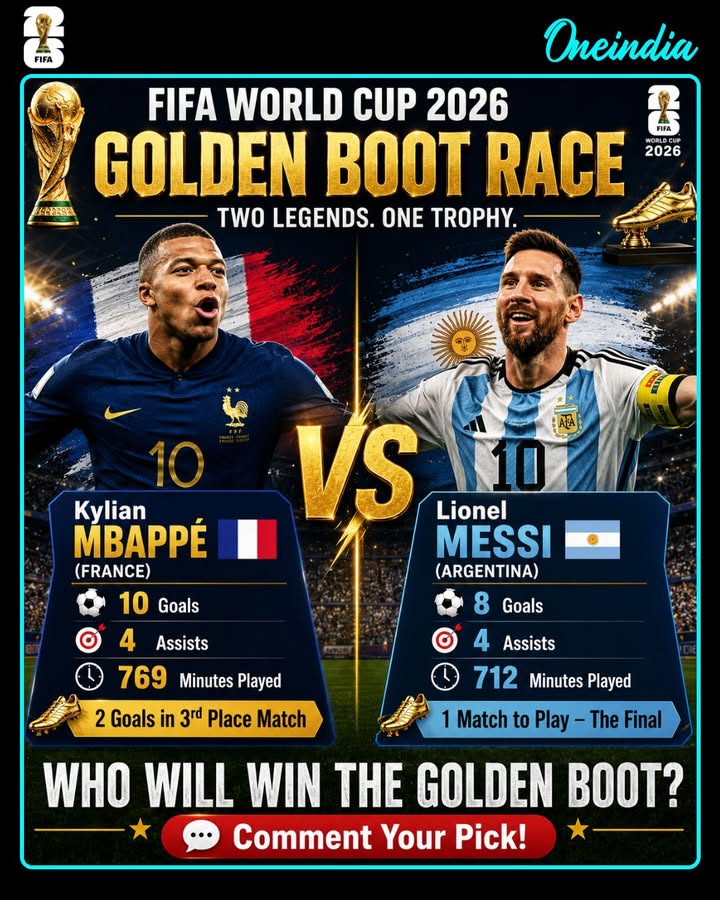 The race for the FIFA World Cup 2026 Golden Boot is down to two superstars. Kylian Mbappé leads with 10 goals, while Lionel Messi has 8 goals and one final opportunity to close the gap when Argentina face Spain in the World Cup final.