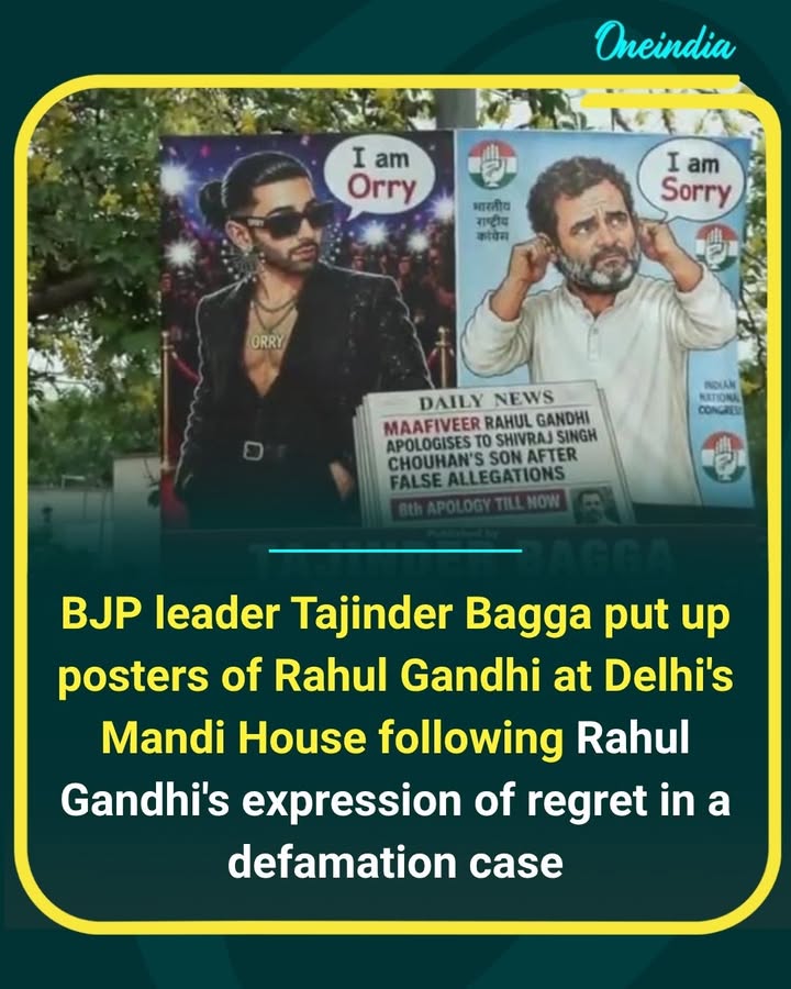 Posters featuring Rahul Gandhi were put up at Mandi House in Delhi by BJP leader Tajinder Pal Singh Bagga. The development comes after Rahul Gandhi expressed regret in a defamation case filed by the son of Union Minister Shivraj Singh Chouhan.