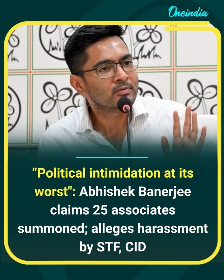 'Political intimidation at its worst,' alleges Abhishek Banerjee, claiming that 25 of his associates have been summoned by the STF and CID. The remarks have intensified the ongoing political confrontation.