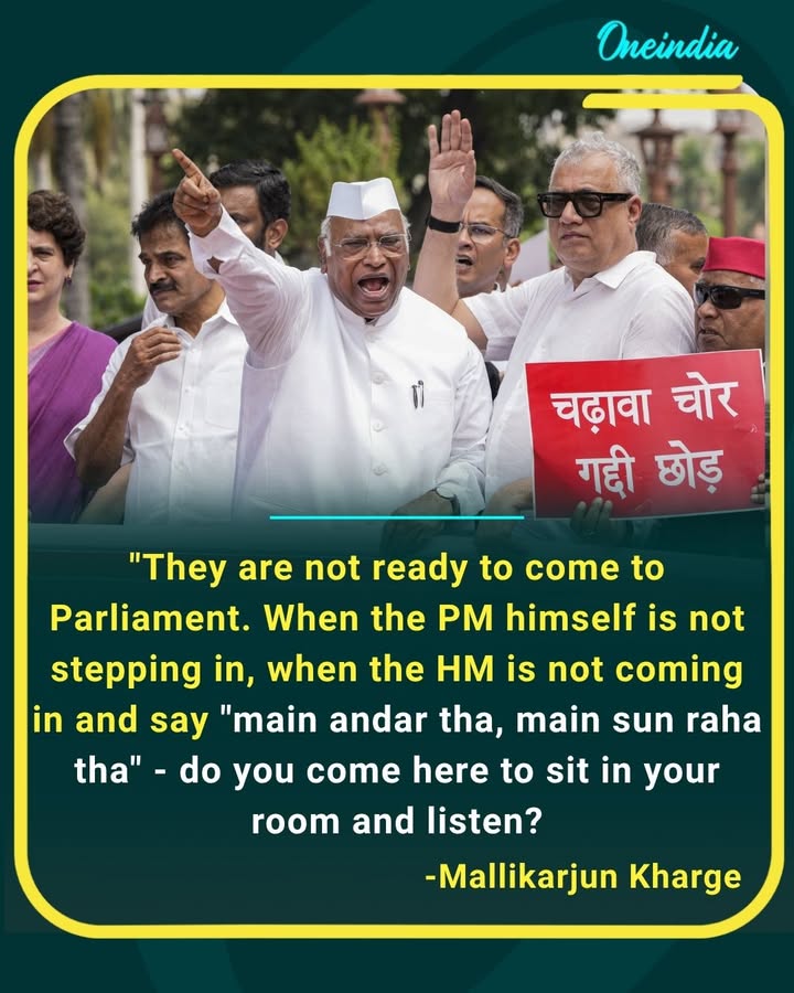 Mallikarjun Kharge questions the government’s absence from Parliament, saying, “When the PM himself is not stepping in and the HM is not coming in… do you come here to sit in your room and listen?” A sharp attack over accountability and parliamentary participation.