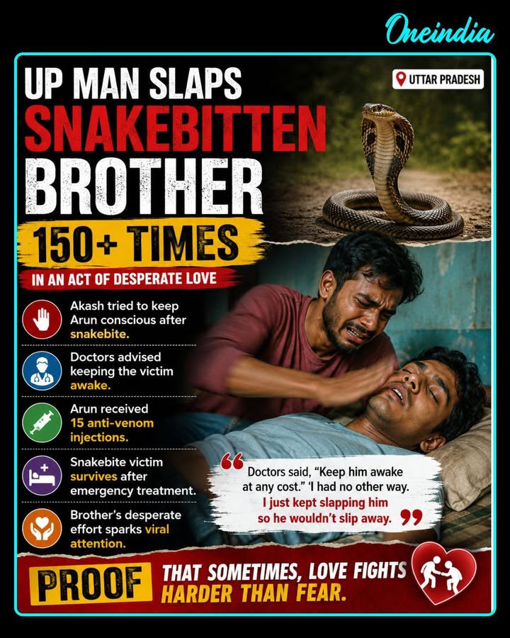 In Uttar Pradesh, Akash slapped his younger brother Arun more than 150 times over an hour after he suffered a venomous snakebite. Acting on advice to keep Arun conscious until medical treatment arrived, Akash continued trying to keep him awake. Arun eventually received 15 anti-venom injections and survived.