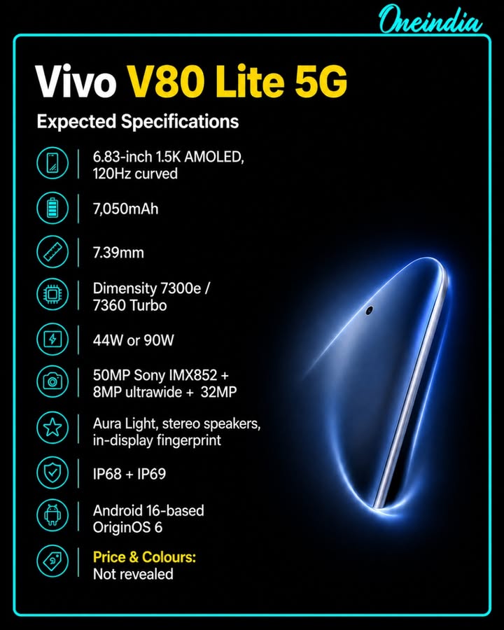 Vivo V80 Lite 5G Tipped With Curved Display, 7,050mAh Battery