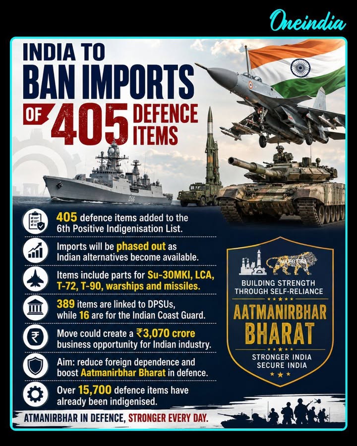 India has announced a phased ban on the import of 405 defence items, including components and spares for fighter jets, helicopters, tanks, warships and missile systems. The sixth Positive Indigenisation List aims to reduce dependence on foreign suppliers and create an estimated ₹3,070 crore business opportunity for Indian manufacturers.