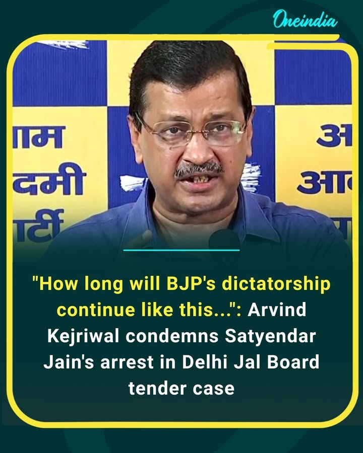 Arvind Kejriwal hits out at the BJP over Satyendar Jain’s arrest in the Delhi Jal Board tender case, questioning how long the party’s “dictatorship” will continue.