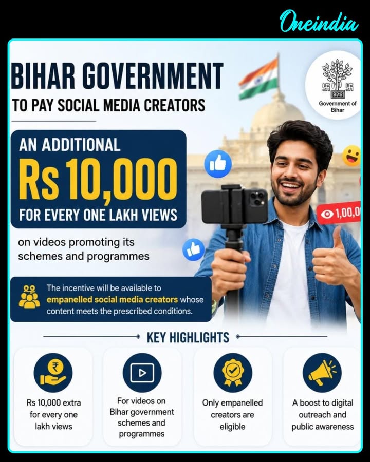 Bihar government to reward social media creators with an additional ₹10,000 for every 1 lakh views on eligible videos promoting its schemes and programmes. The incentive will apply to empanelled creators meeting the prescribed conditions.
