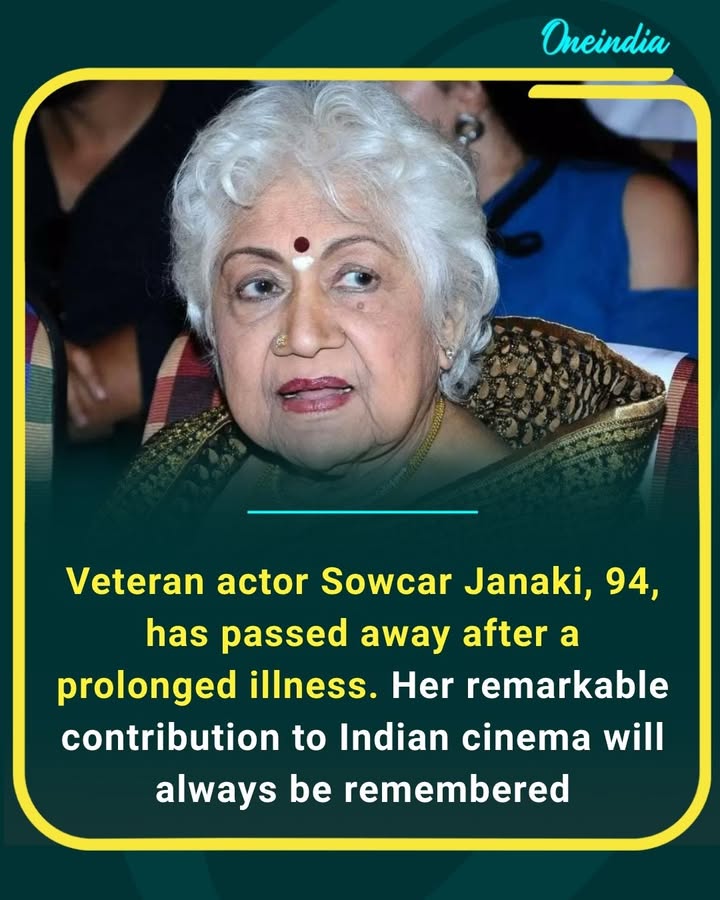 Veteran actor Sowcar Janaki, 94, has passed away after a prolonged illness. She was recently hospitalised in Chennai. Her remarkable contribution to Indian cinema will be remembered for generations