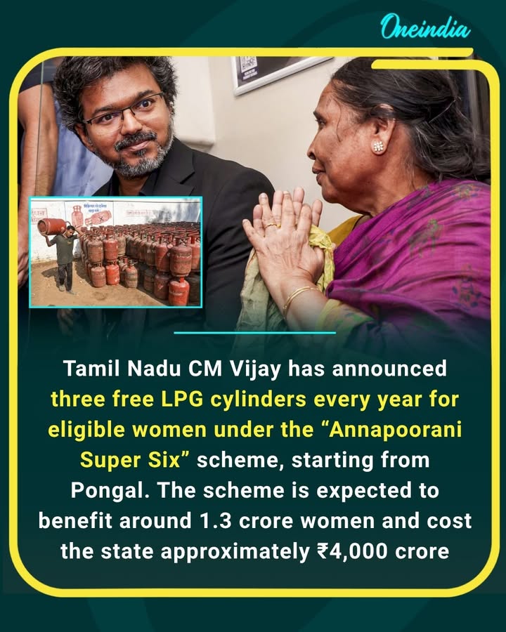 Tamil Nadu CM Vijay announces 3 free LPG cylinders annually for eligible women, with the scheme carrying an estimated ₹4,000 crore financial burden on the state.