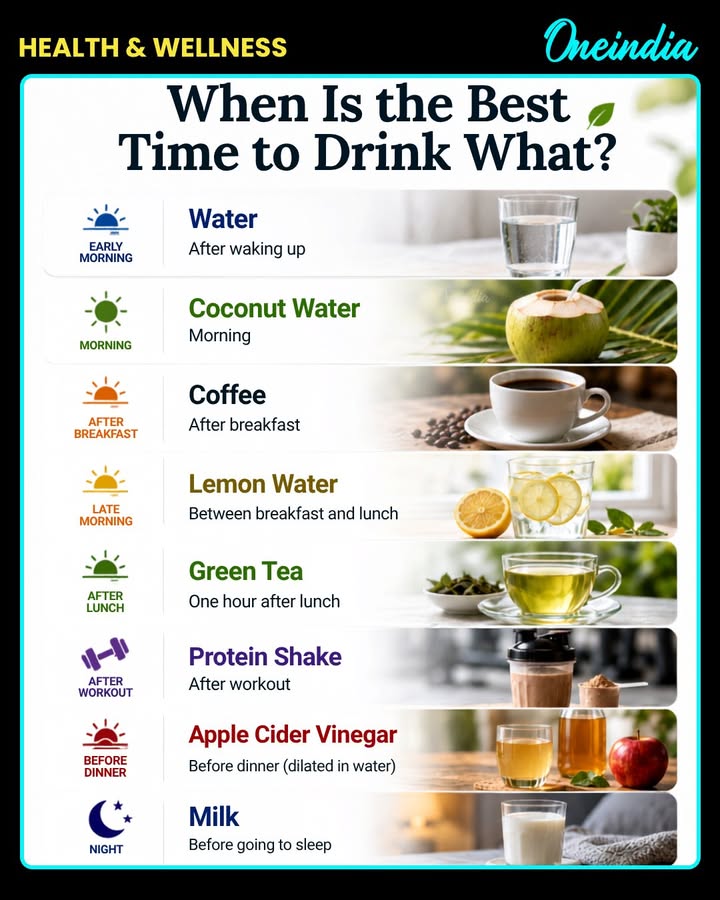 🥤 When is the best time to drink what? ⏰
From water in the morning to milk before bed — timing your daily drinks can help you build healthier habits. 💧🥥☕🍋🌿
Save this guide for later & share it with someone who needs it! ❤️