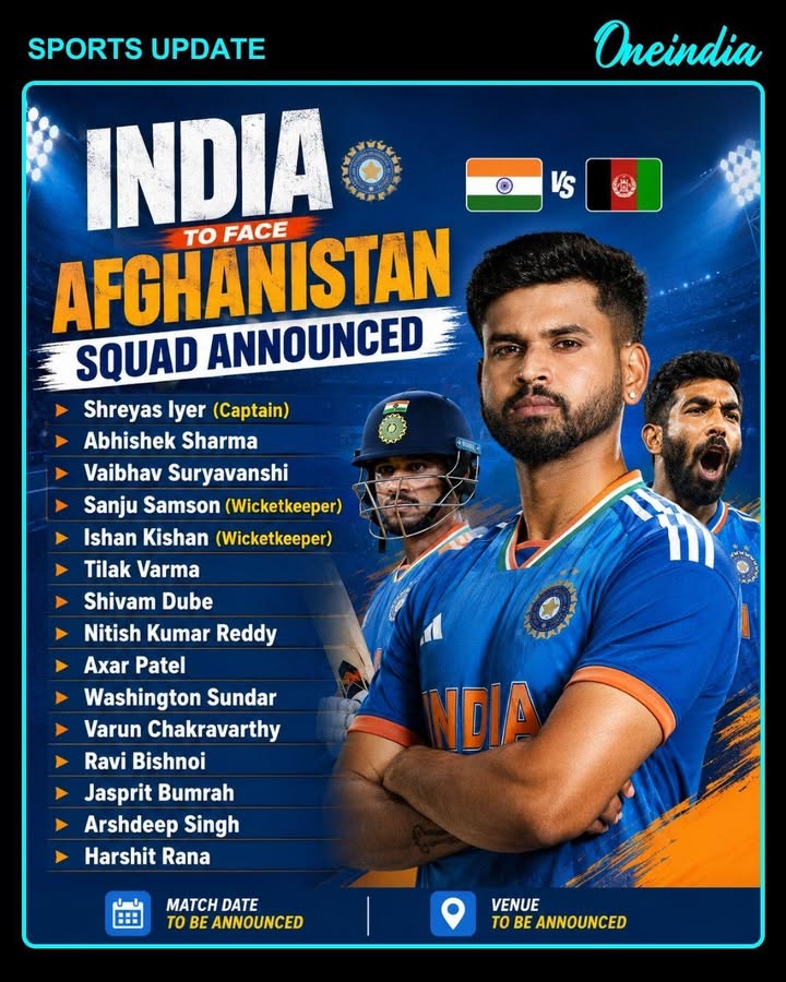 India’s squad is ready to face Afghanistan! 🔥
Shreyas Iyer will lead the side as India gears up for an exciting clash against Afghanistan. 💙