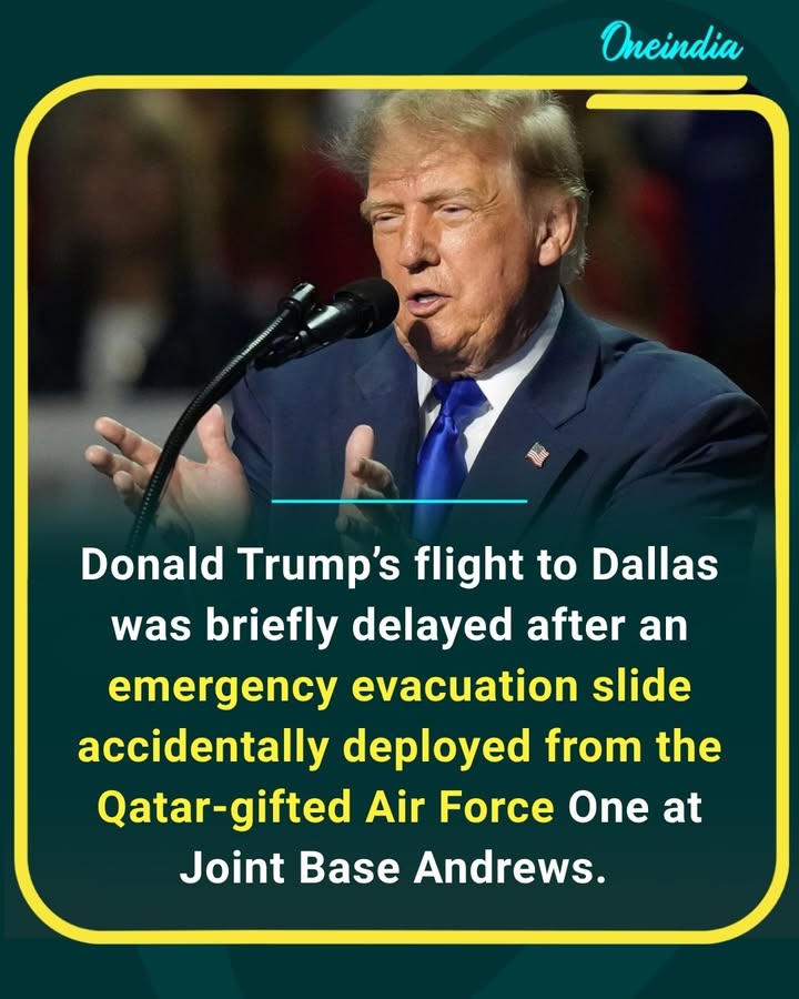 An emergency slide accidentally deployed from Donald Trump’s newly gifted Air Force One, briefly delaying his flight to Dallas.